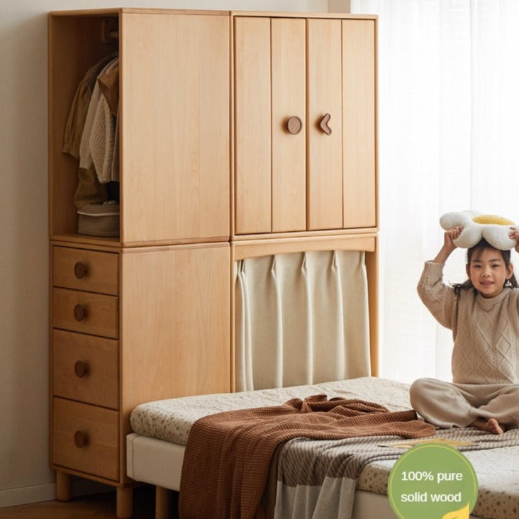 Beech, Rubber Solid Wood Children's Wardrobe,Combination Storage Cabinet