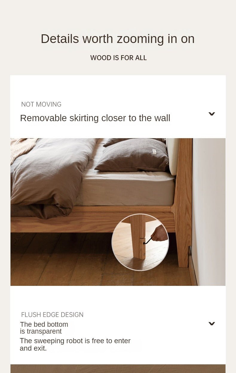 Oak Solid Wood Bed Modern Genuine Leather,Technology Cloth, Fabric