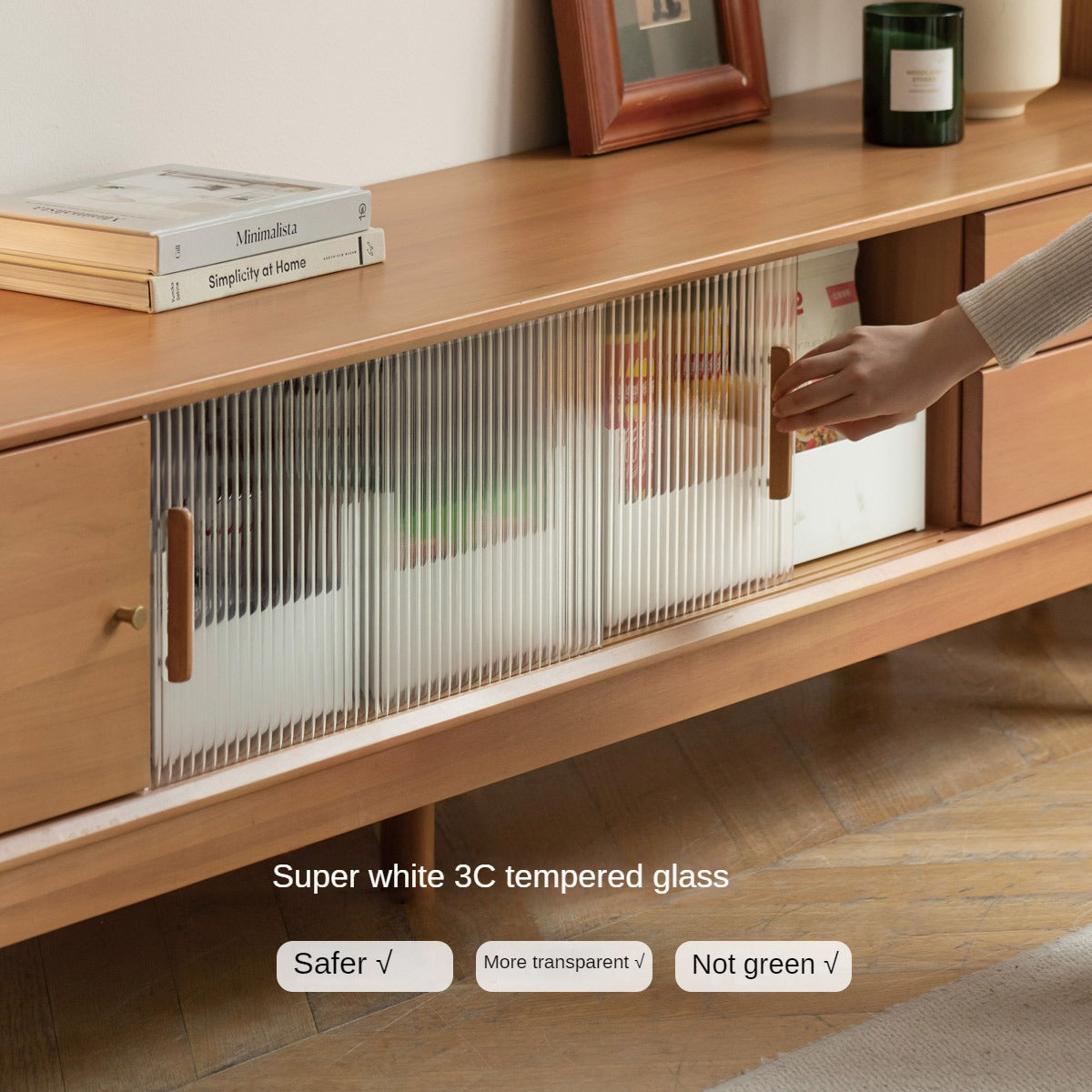 Poplar Solid Wood Glass Sliding Door Storage TV cabinet.