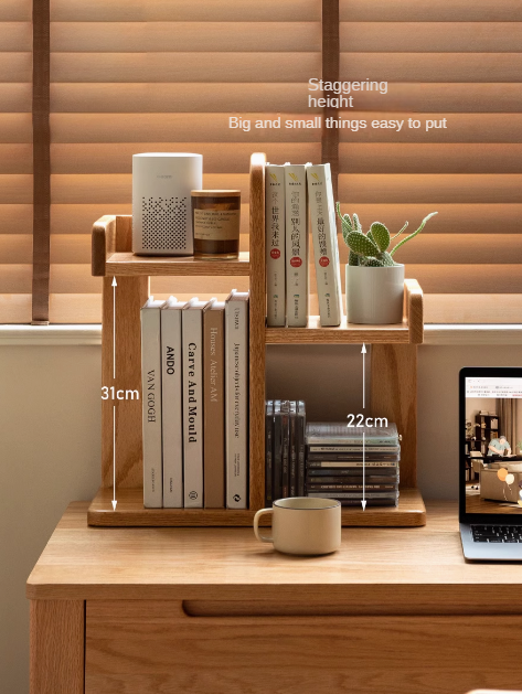 Oak, Solid RubberWood Desktop Multi-Layer Bookshelf