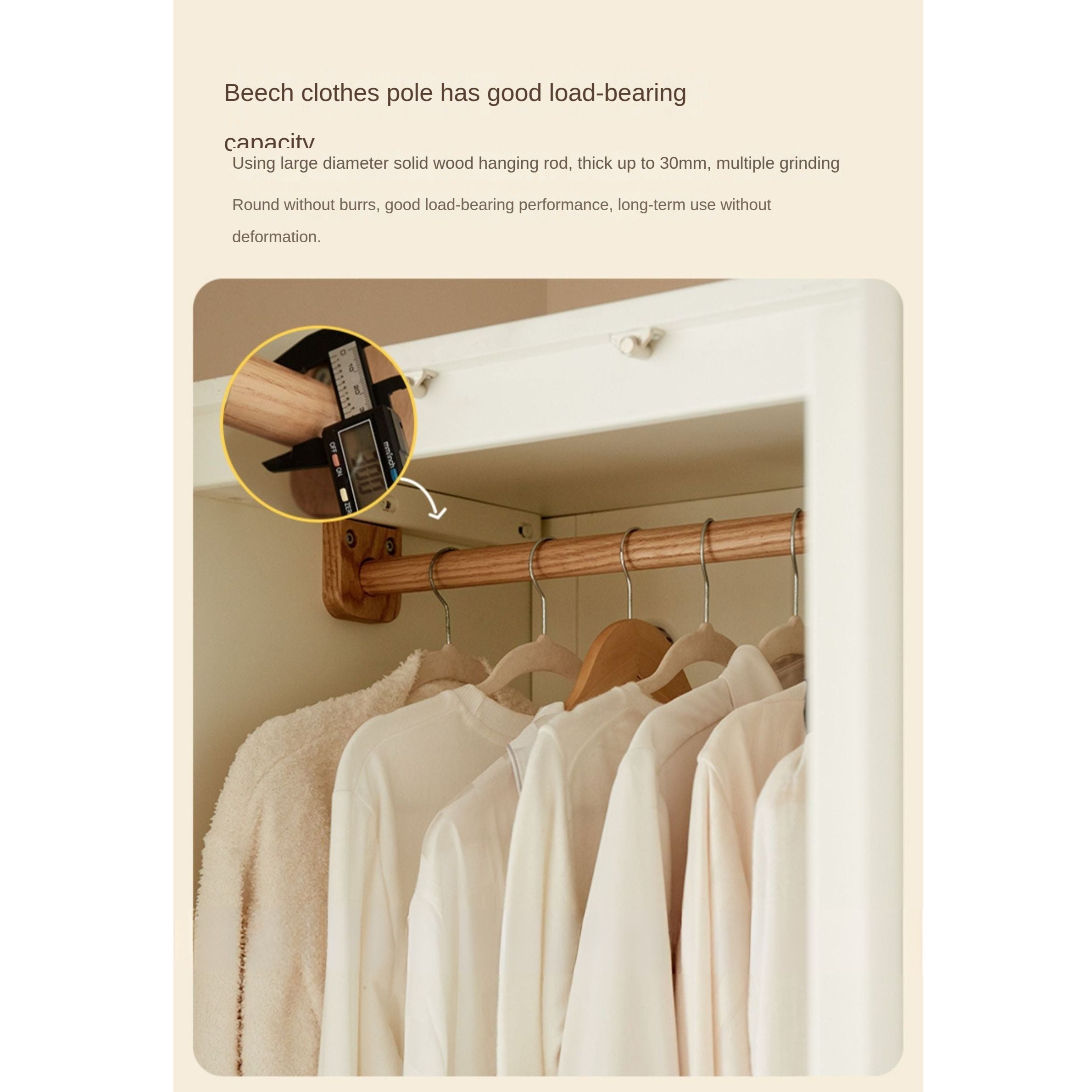 Beech, Rubber Solid Wood Cream Style Nordic Wardrobe
