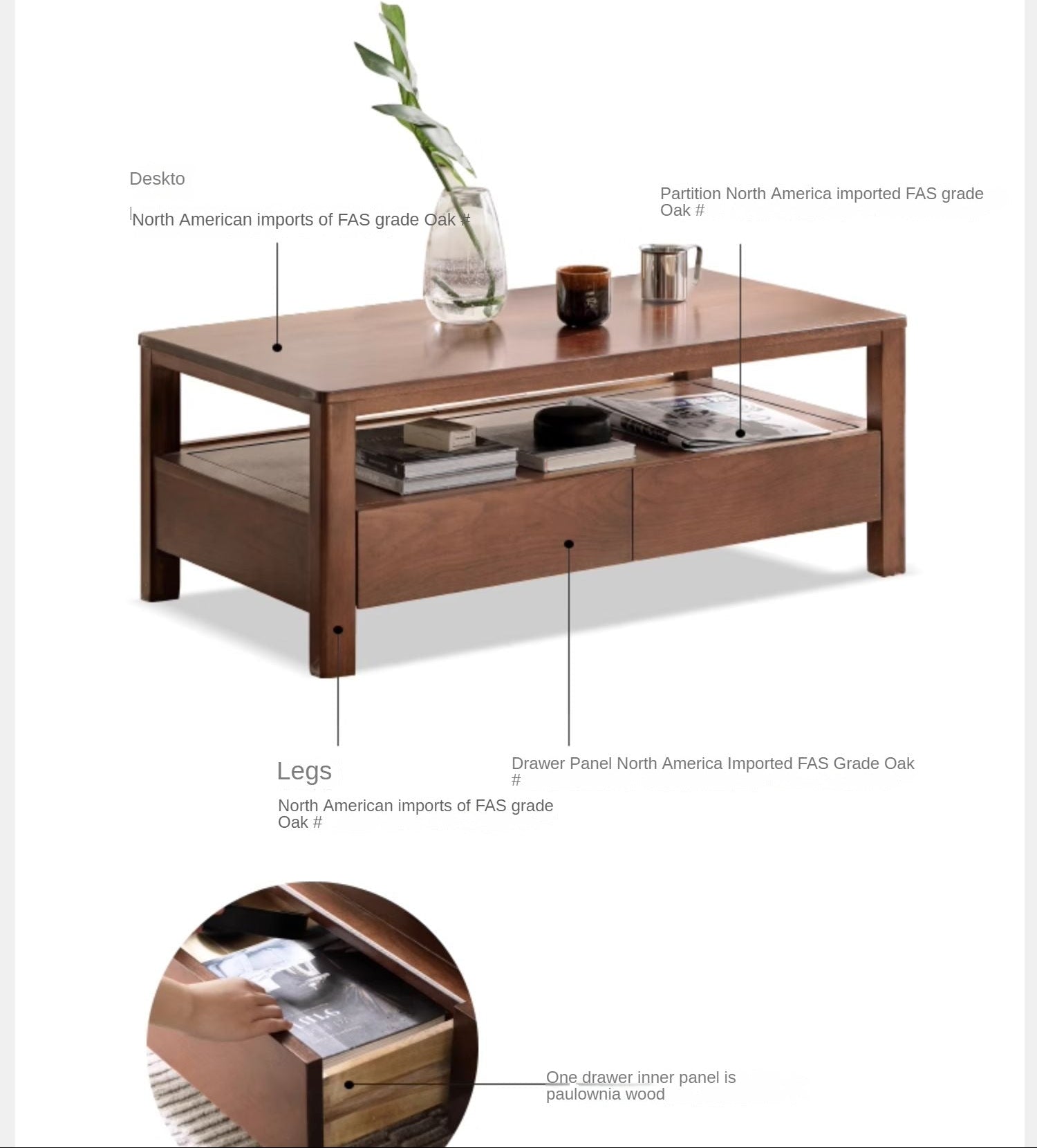 Oak, Ash Solid Wood Nordic Minimalist Modern Coffee Table