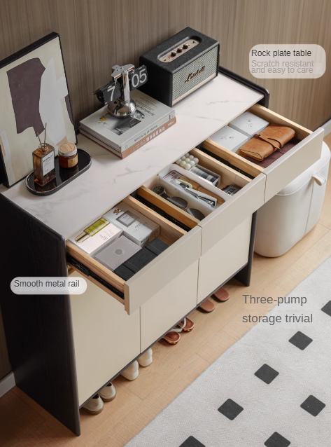 Oak, Rubberwood Solid Wood Porch Cabinet, Shoe Cabinet Slate Top