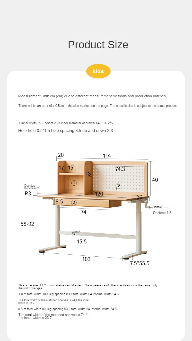 Beech Solid Wood Hand-Cranked Kids Lifting Table Board Shelf DIY
