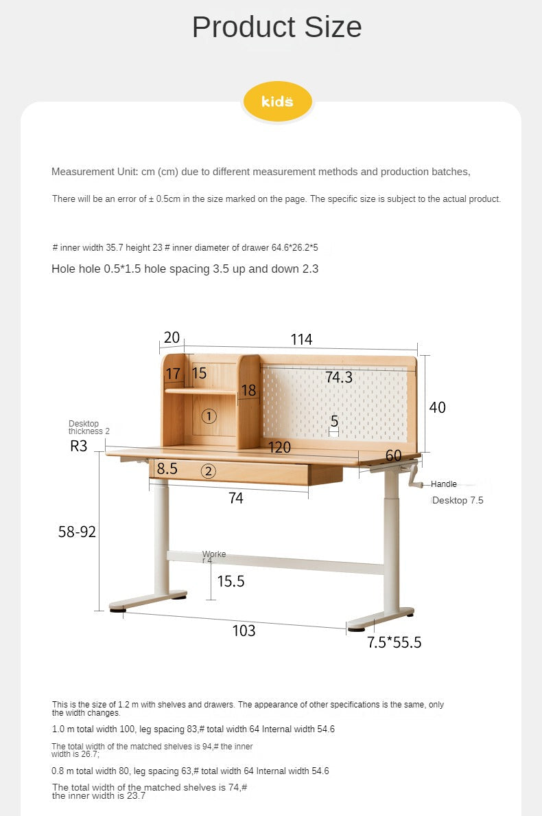 Beech Solid Wood Hand-Cranked Kids Lifting Table Board Shelf DIY