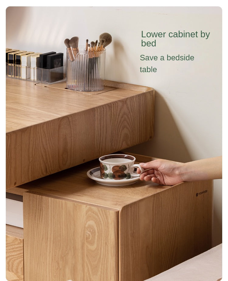 Ash Solid Wood Retractable Desk with Cabinet, Home Office