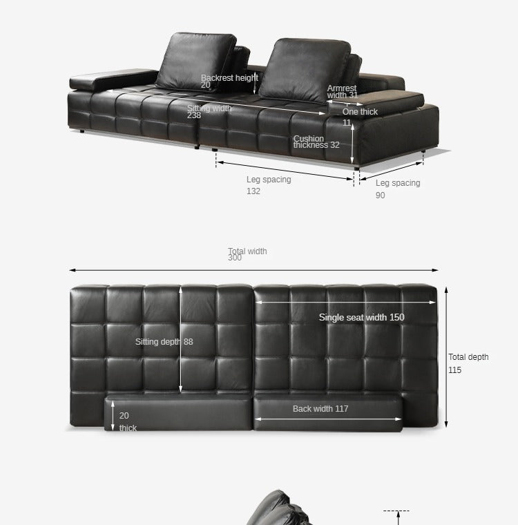 Leather Sofa Italian Black Straight Head Layer Yellow Cowhide.