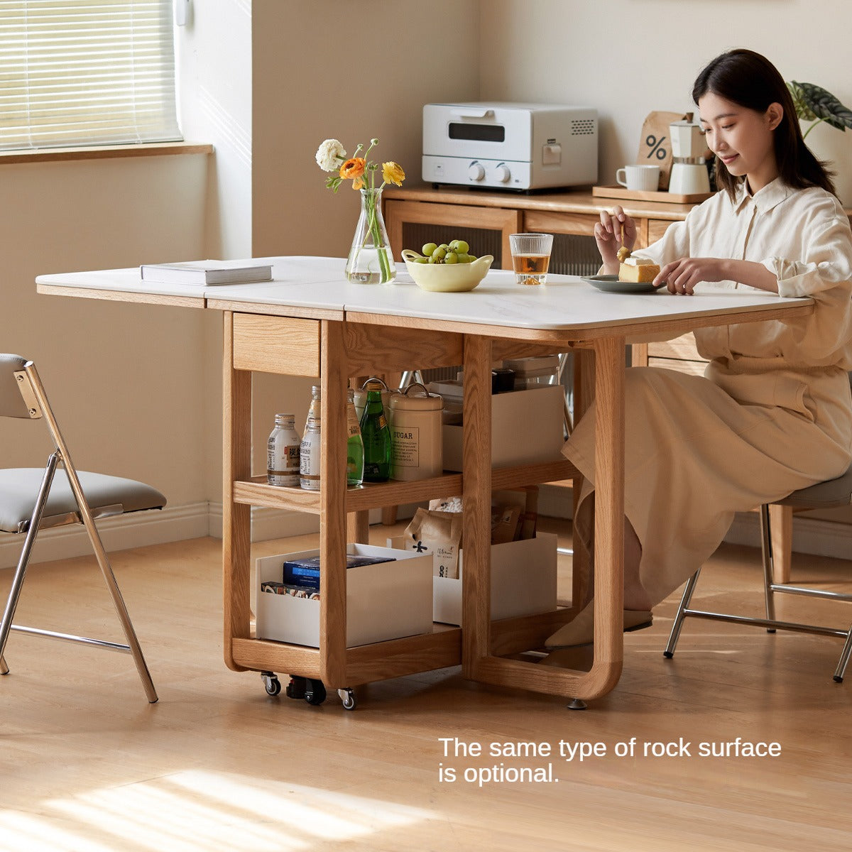 Oak Solid Wood Folding Multi-Functional Storage Telescopic Dining Table