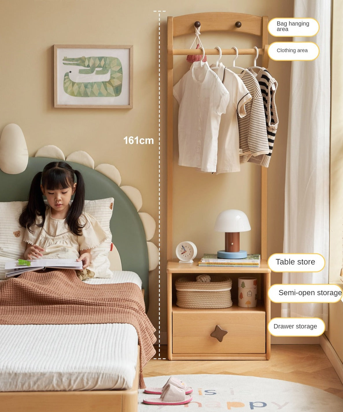 Beech Solid Wood Children's Clothes Rack, Nightstand