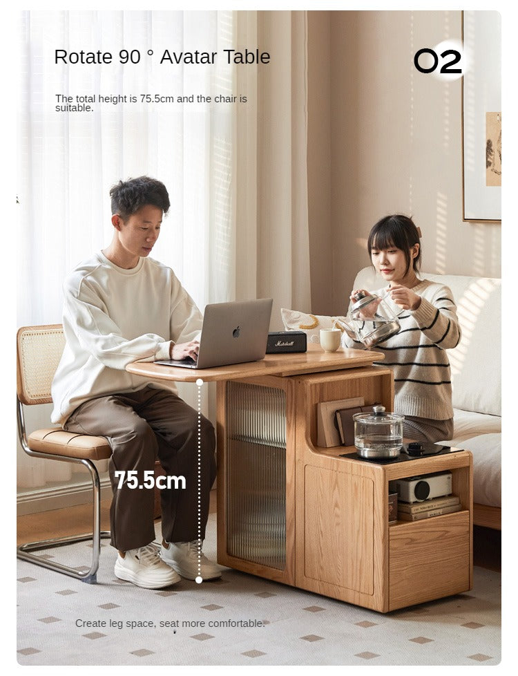 Oak, Black Walnut Solid Wood Movable Tea Cabinet With Tea Maker