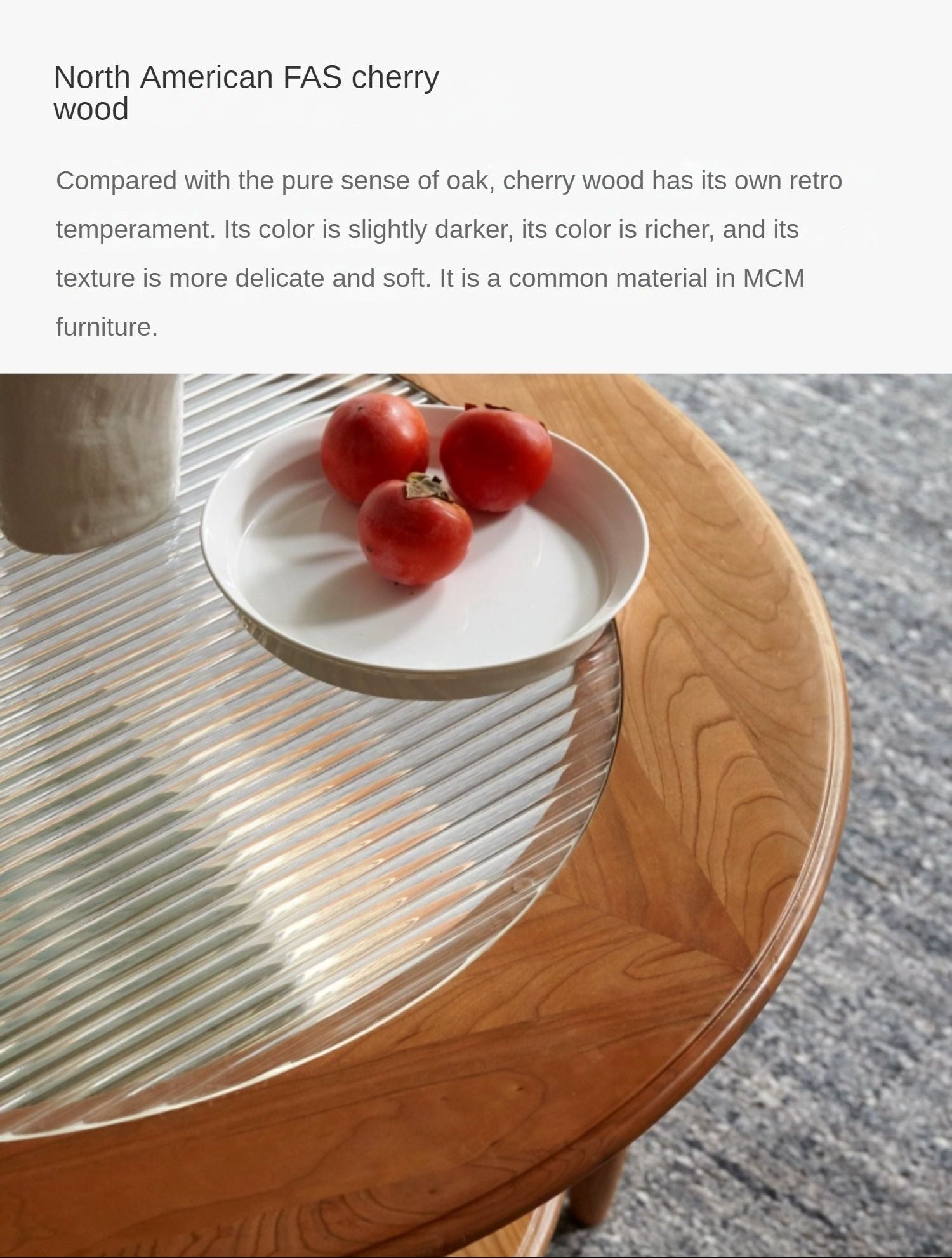 Cherry Wood Solid Wood Glass Round Coffee Table
