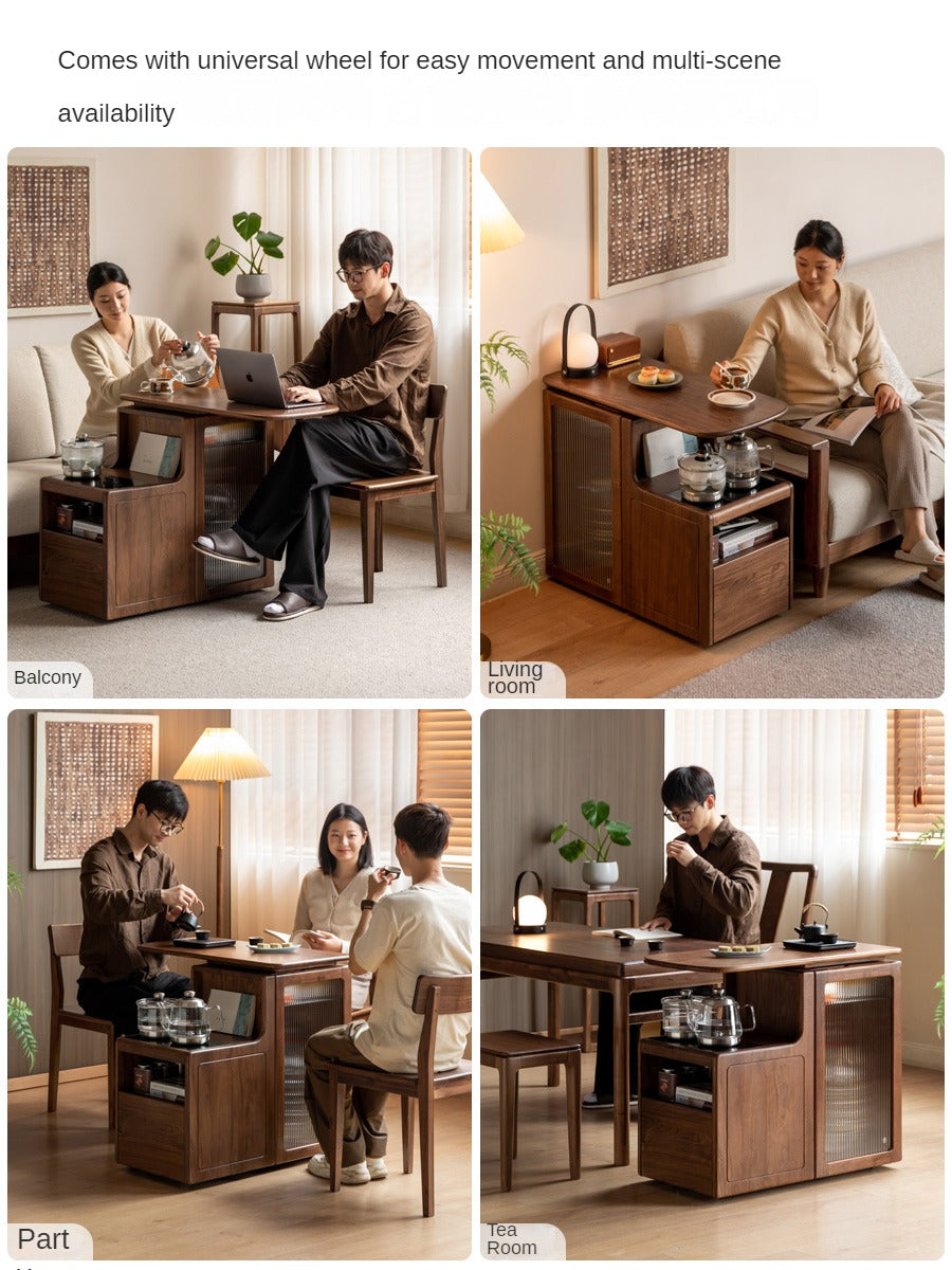 Black Walnut, Oak Solid Wood Movable Tea Cabinet With Tea Maker