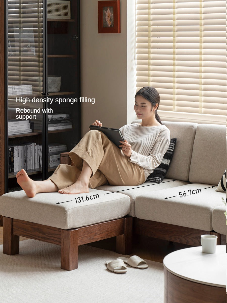 Oak, Solid Rubberwood Walnut Color Fabric Sofa.