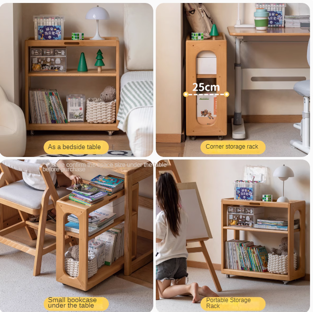 Beech Solid Wood Children's Under-Table Bookshelf with Wheels