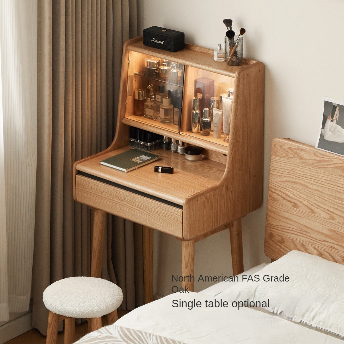 Oak, Ash Solid Wood Vanity Table with Shelf.