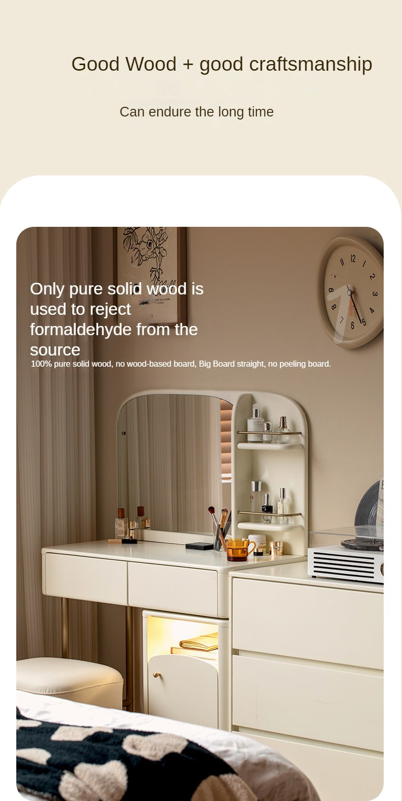Poplar Solid Wood Dressing Table, Storage Cabinet Cream.
