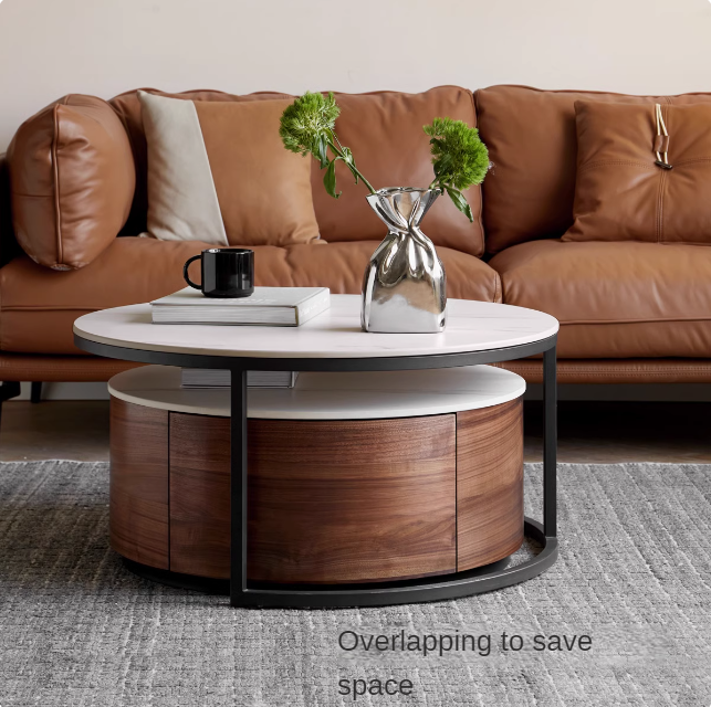 Black Walnut Solid Wood Light Luxury Round Rock Plate Coffee Table