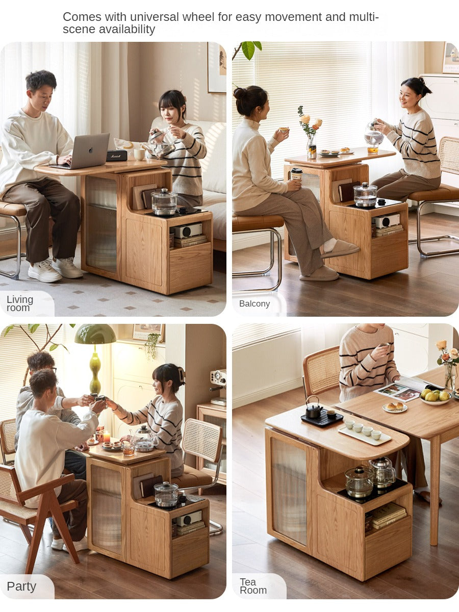 Oak, Black Walnut Solid Wood Movable Tea Cabinet With Tea Maker