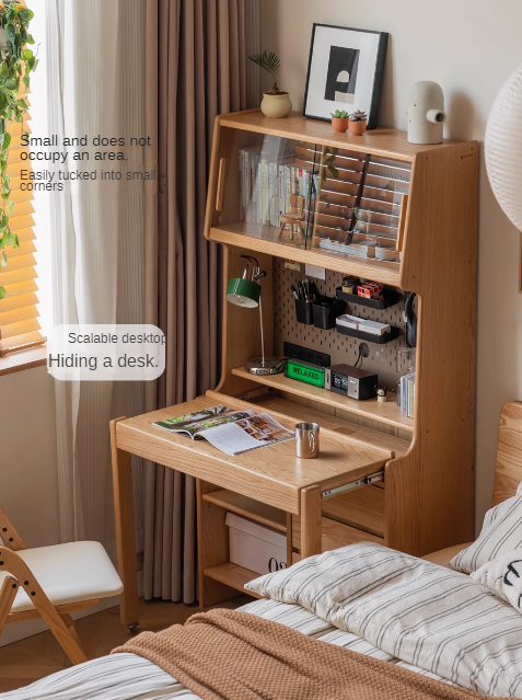 Oak Solid Wood Modern Modern Retractable Desk Integrated Bookcase