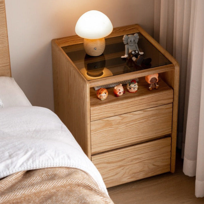 Ash, Oak Solid Wood Movable Glass Small Nightstand