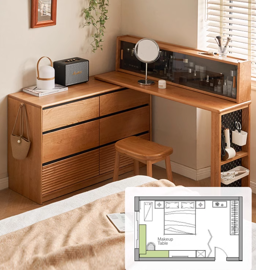 Сherry Solid Wood Retro Corner Dressing Table.