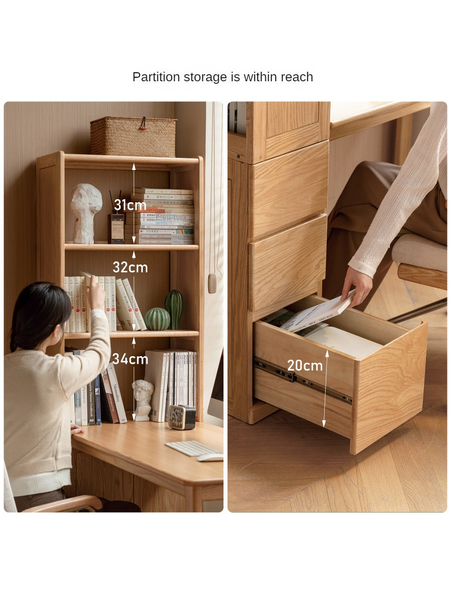 Oak Solid Wood Desk with Bookshelf and Drawer