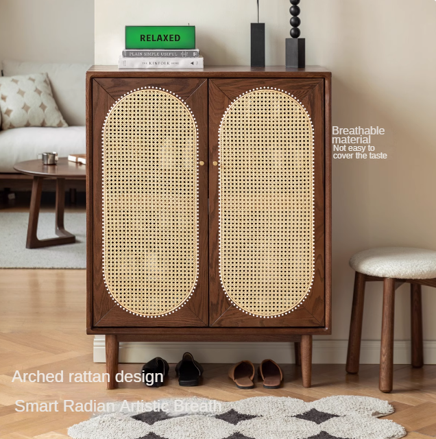 Oak Solid Wood Rattan Wall-Mounted Shoe Cabinet