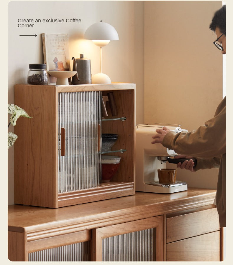 Cherry Solid Wood Glass Sliding Door Sideboard.