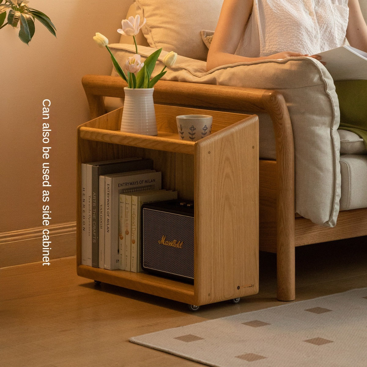 Oak, Rubberwood Solid Wood Under-desk Mobile Bookshelf