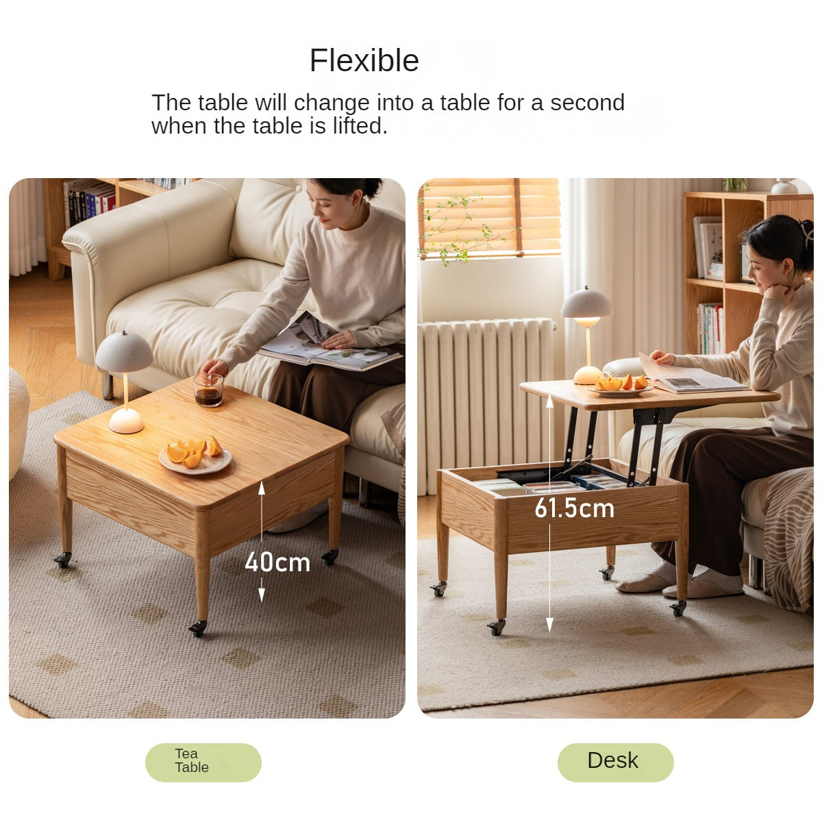 Oak Solid Wood Elevated Dual Purpose Folding Coffee Table