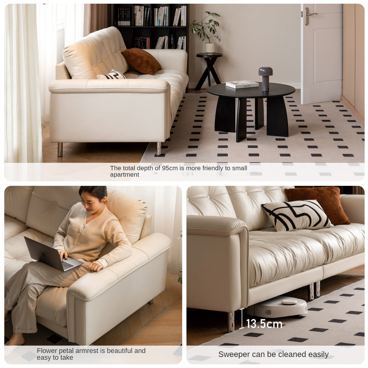 Leather Straight Italian Style Light Luxury Sofa,