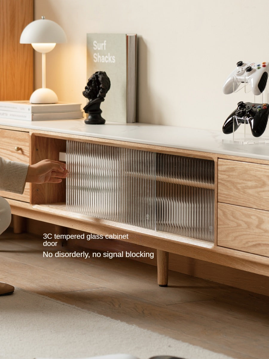 Oak, Poplar, Beech Solid Wood Sliding Door TV Stand With Rock Slab Surface.