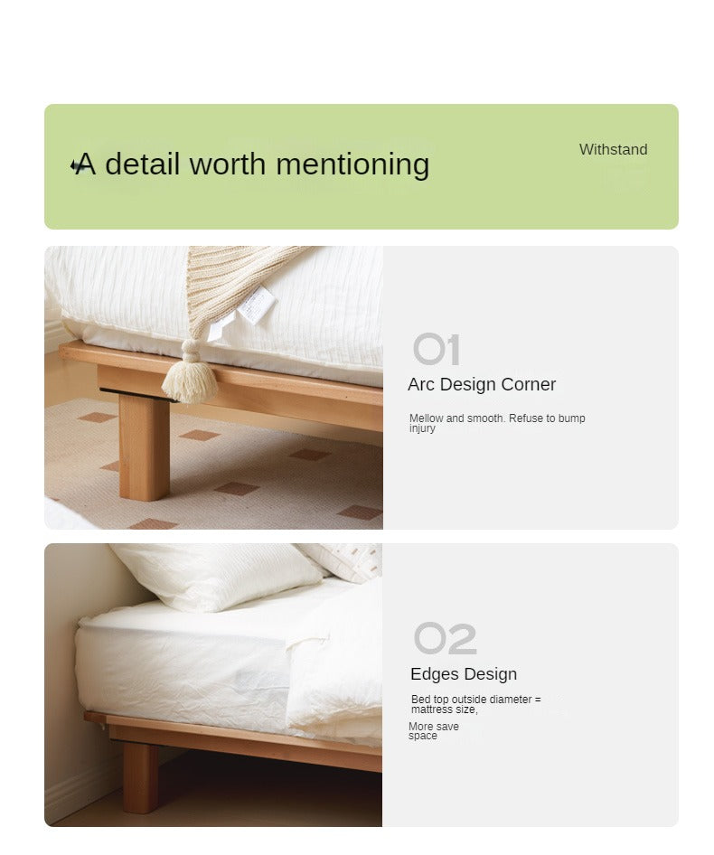 Beech Solid Wood Platform Bed, Headboard-Free Bed