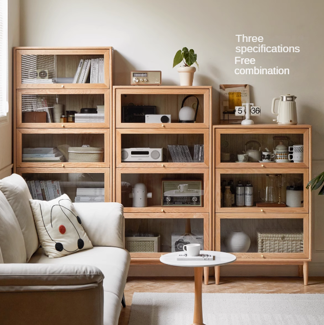 Solid Rubberwood, Oak Solid Wood Multi layer Flip Door Glass Bookcase