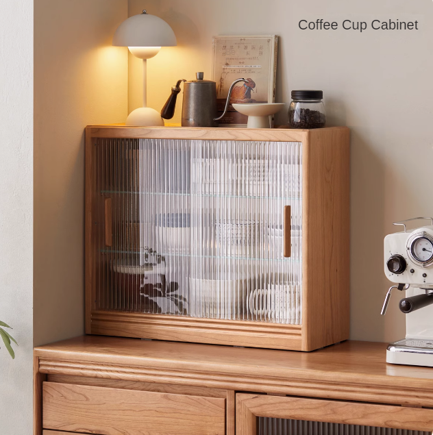 Cherry Solid Wood Glass Sliding Door Sideboard.