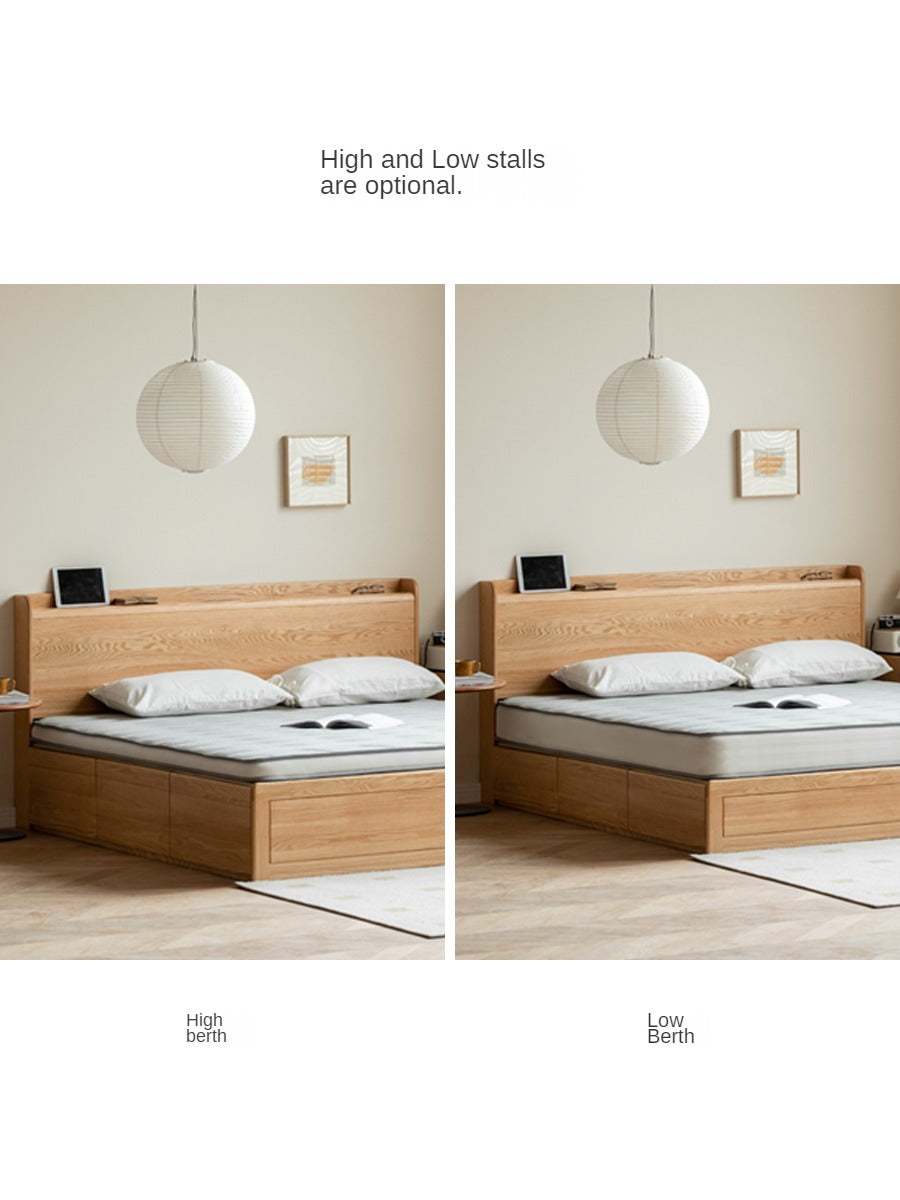 Oak Solid Wood Drawer Storage Bed with Sockets Box Bed