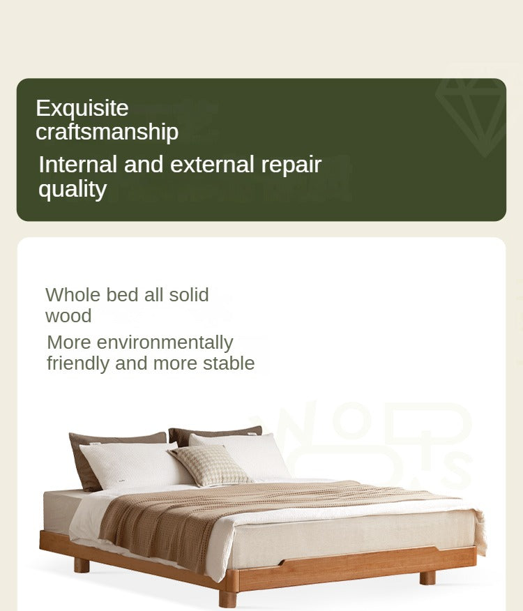 Cherry Wood Solid Wood platform bed, headboard-free bed with Light.