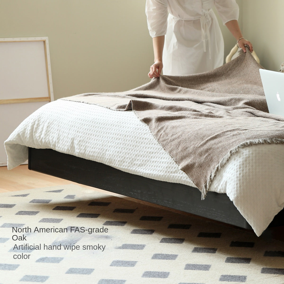 Oak solid wood Suspended platform bed, headboard-free bed Black with light