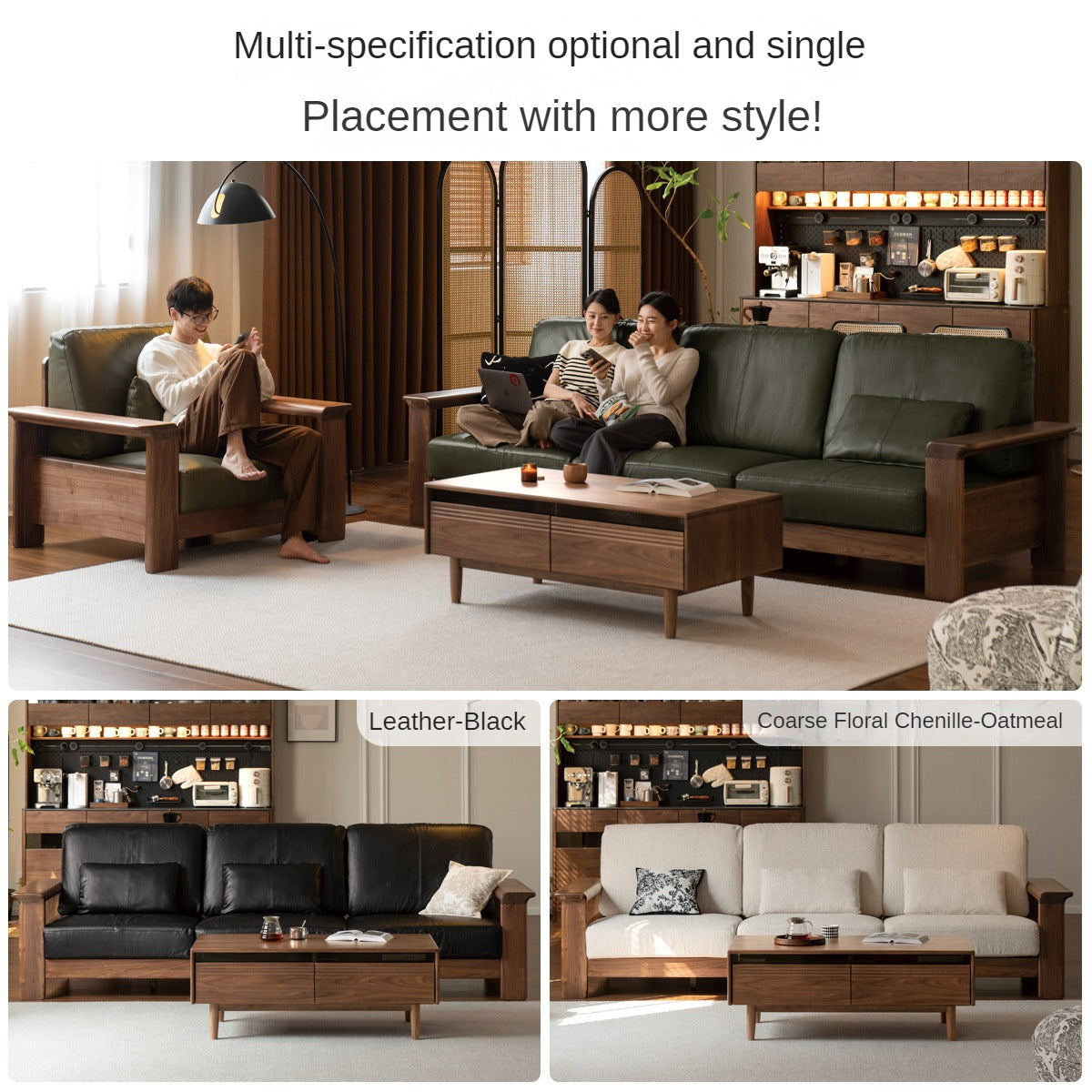 Black Walnut Solid Wood Modern Straight Sofa.