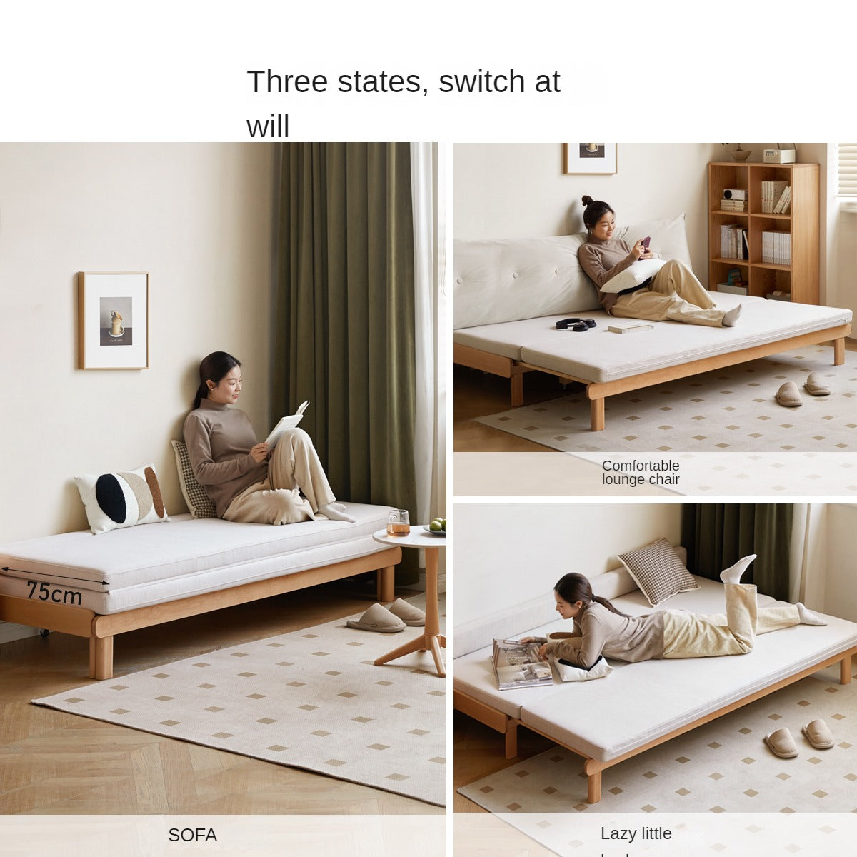 Beech Solid Wood European Folding Dual-use Double Sofa Bed.