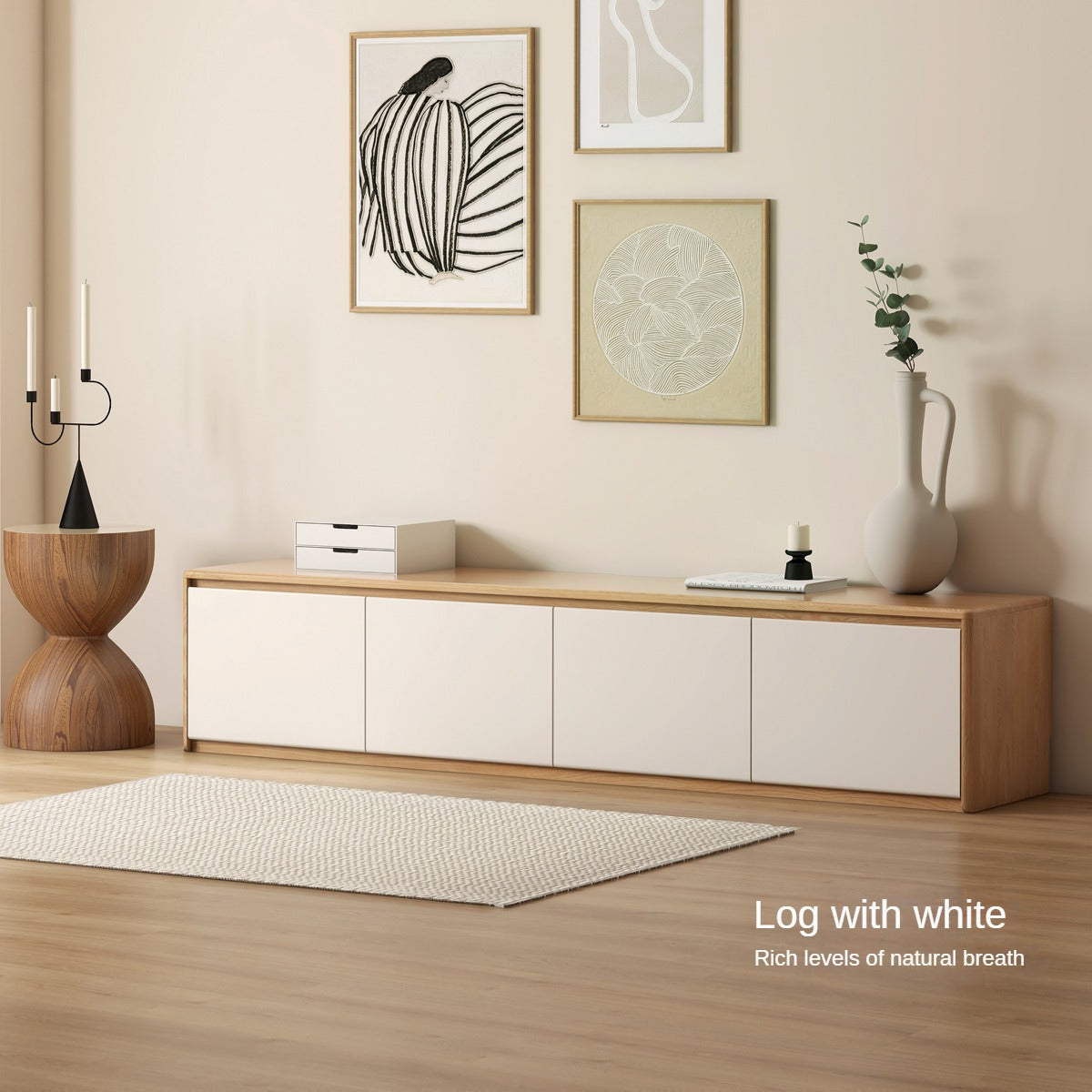 Beech, Oak Solid Wood Modern White Integrated Log Floor TV Cabinet.