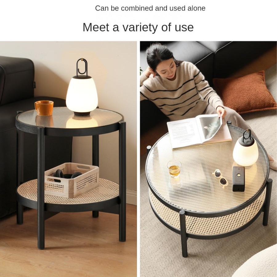 Oak Solid Wood Rattan Black Glass Round Coffee Table