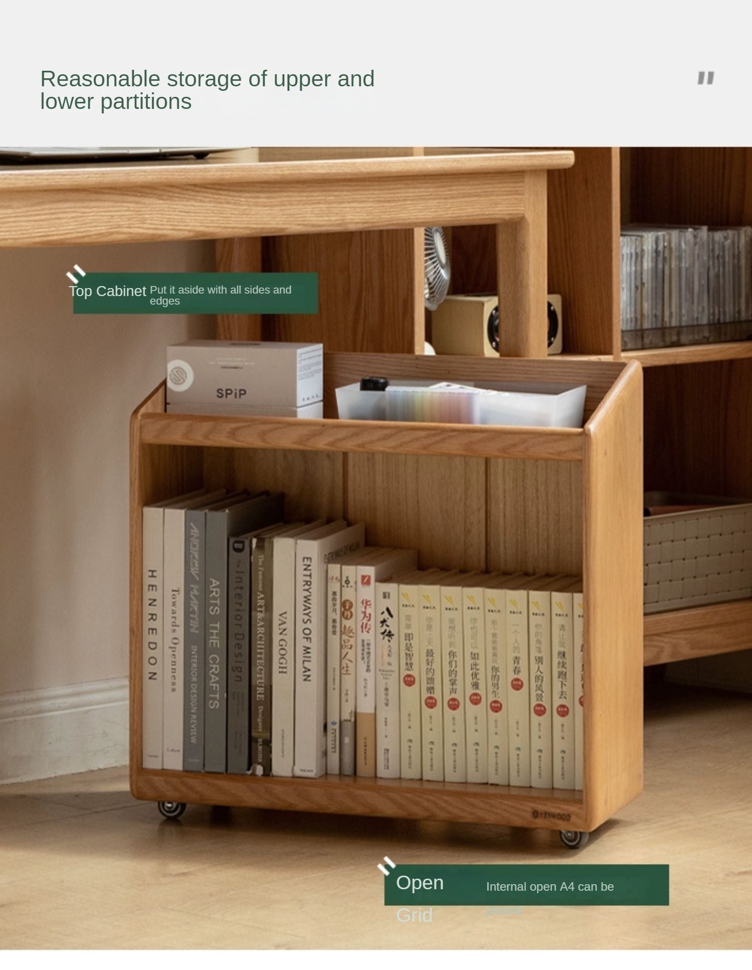 Oak, Solid Rubberwood Under-Table Bookshelf Movable