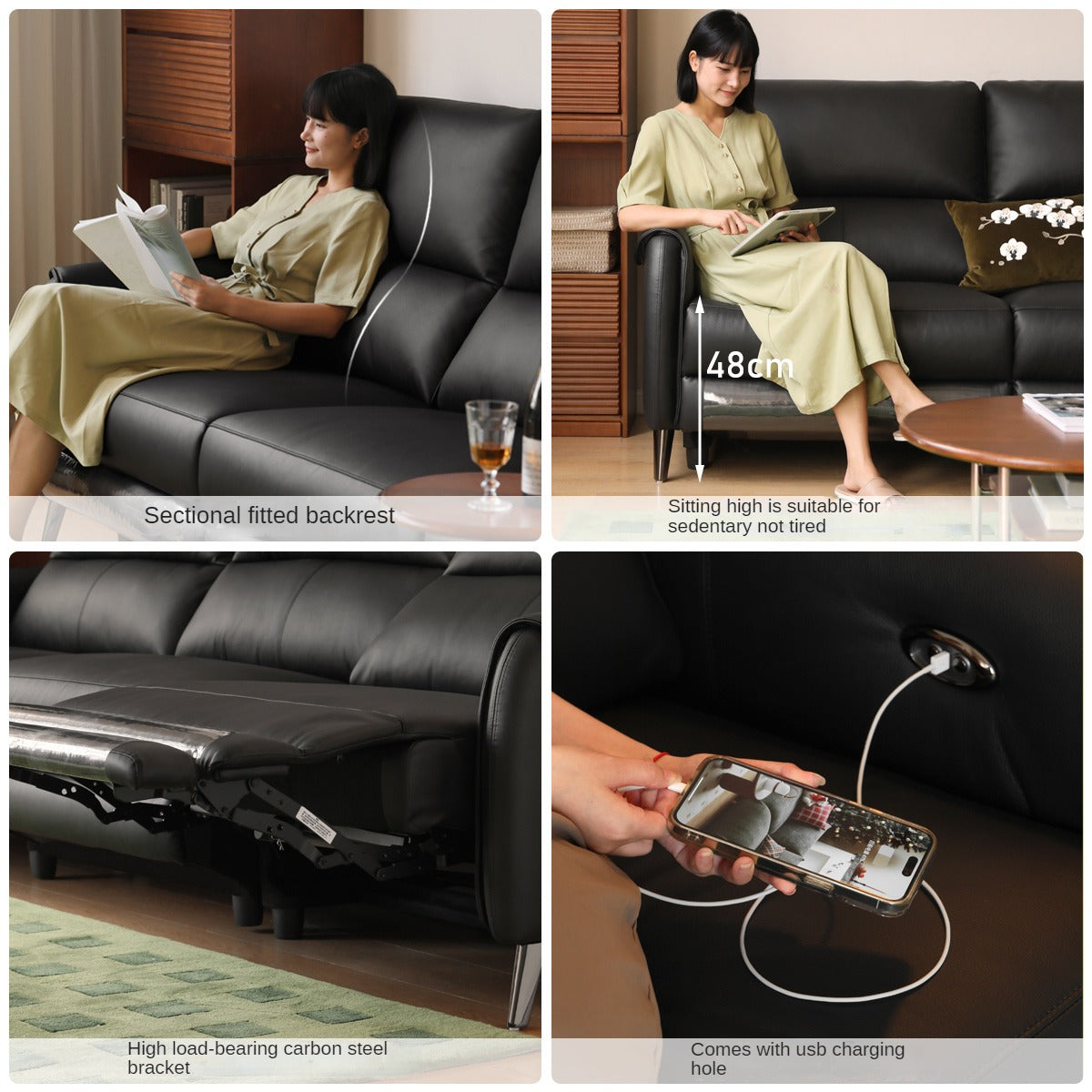 Leather Top Layer Yellow Cowhide Black Multifunctional Electric Sofa,