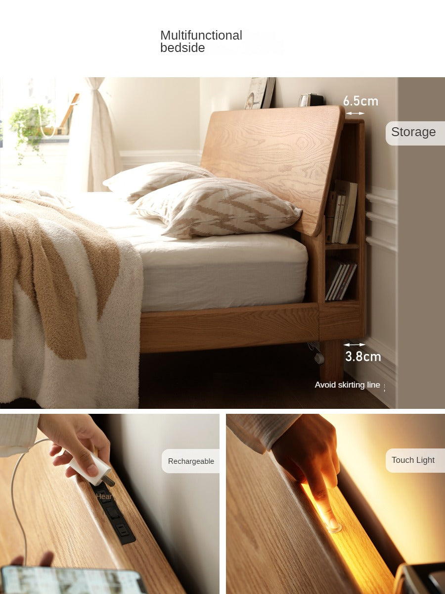 Oak Solid Wood Soft Light With Bookshelf Bed