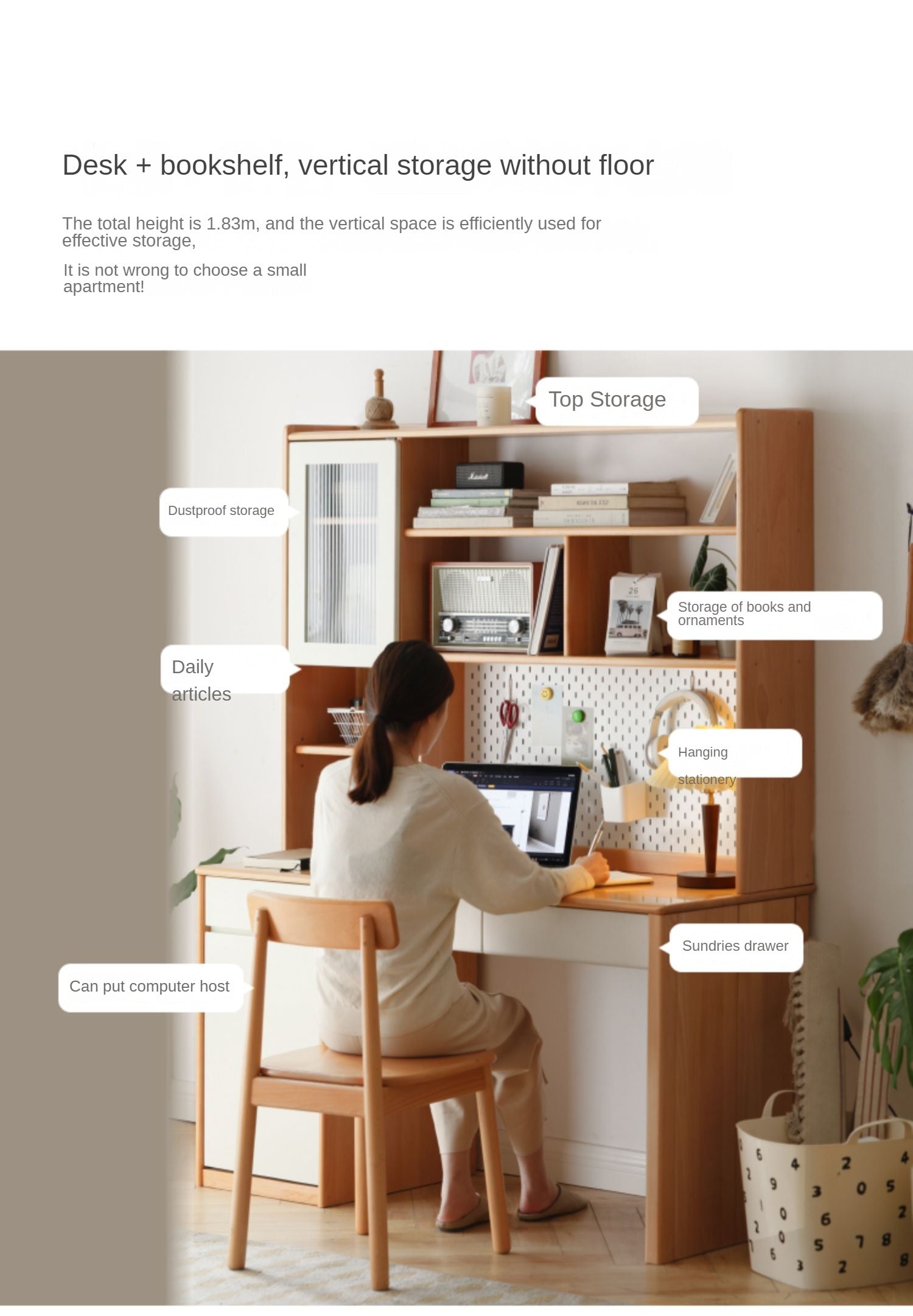 Beech Solid Wood Desk Bookshelf Combination