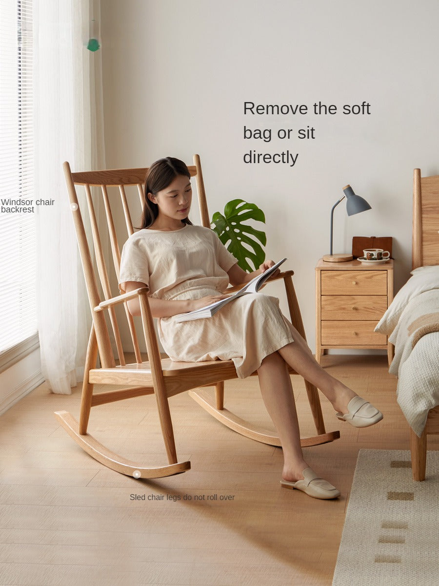 Oak Solid Wood Genuine Leather Rocking Chair :