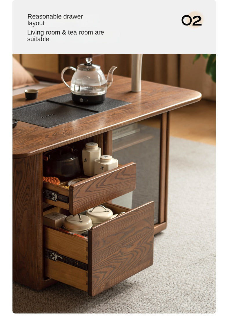 Ash Solid Wood Mobile Tea Brewing Integrated Tea Table