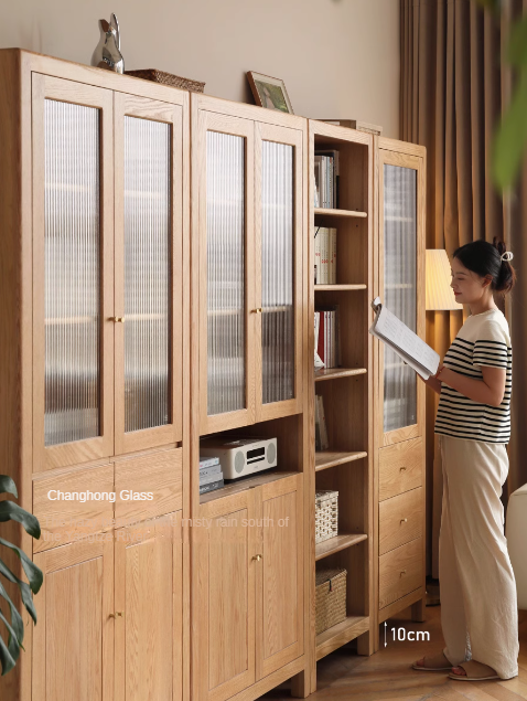Oak Solid Wood Bookcase With Glass Door.