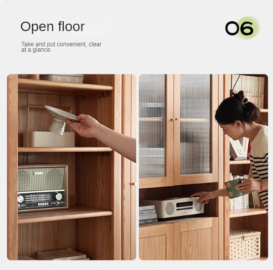 Oak Solid Wood Bookcase With Glass Door.
